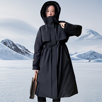 黑金风壳4.0 白鹅绒情侣过膝长款户外抗风防水连帽派克风衣羽绒服