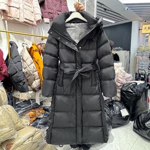 2025冬季新款女士过膝长款连帽羽绒服收腰修身显瘦加厚白鸭绒外套