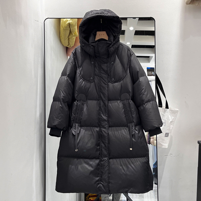2025冬装新款加厚女士韩版过膝中长款连帽羽绒服90白鸭绒抗寒外套