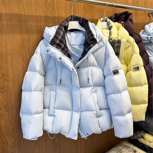 新国标90白鸭绒外套高端女泡芙格纹拼接连帽加厚羽绒服短款面包服