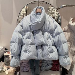 2025冬装女士加厚设计师款立领围脖羽绒服白鸭绒短款面包服外套