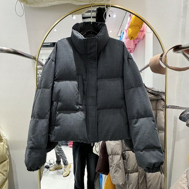 韩式风立领格子羽绒服女冬小个子