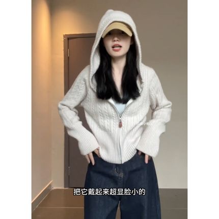 温柔风麻花连帽针织开衫女秋冬韩系慵懒拉链毛衣外套收腰短款上衣