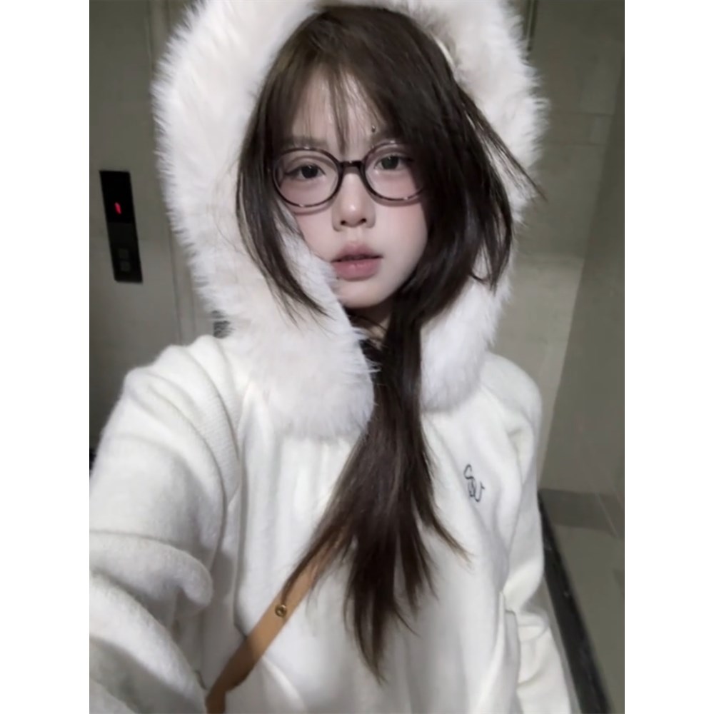 韩系大毛领连帽拉链慵懒风白色毛衣开衫外套女秋冬针织衫上衣