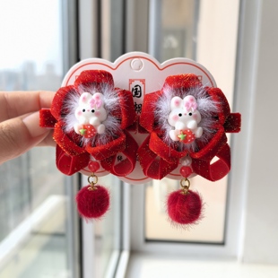 儿童红色发饰和风花朵发夹秋冬毛绒头饰新年喜庆兔耳朵毛球发卡