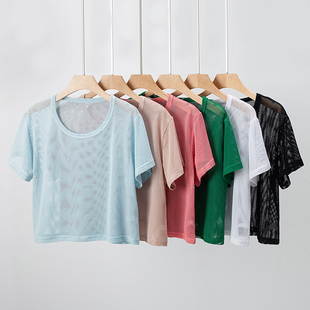 瑜伽健身服女晨跑运动上衣速干T恤网纱罩衫 衣服瑜珈宽松大码 短袖