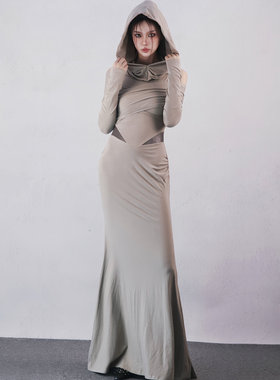 RYYK 沙丘风长袖针织连衣裙 废土小众镂空收腰显瘦高级感连帽长裙