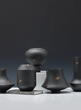 新中式黑色描金花瓶摆件电视柜桌面陈列摆设博古架酒店软装工艺品