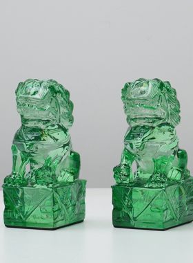 新中式绿色树脂狮子摆件一对装饰品客厅书房玄关招财镇宅高端摆设