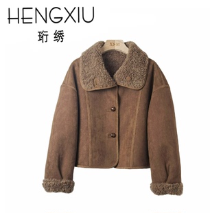 【专柜大清仓】珩绣穿磨砂皮翻领短款外套机车毛茸茸外套A2797