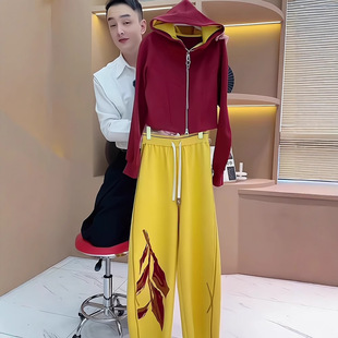 撞色拼接宽松保暖春秋连帽双拉链卫衣外套印花直筒休闲长裤套装女