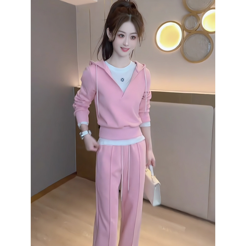 时尚休闲运动套装春秋季新款粉色连帽套头宽松长袖卫衣两件套女装