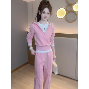 时尚休闲运动套装春秋季新款粉色连帽套头宽松长袖卫衣两件套女装