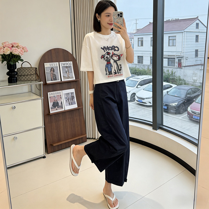 百搭宽松高级感印花显瘦上衣高腰阔腿长裤气质通勤小个子穿搭套装