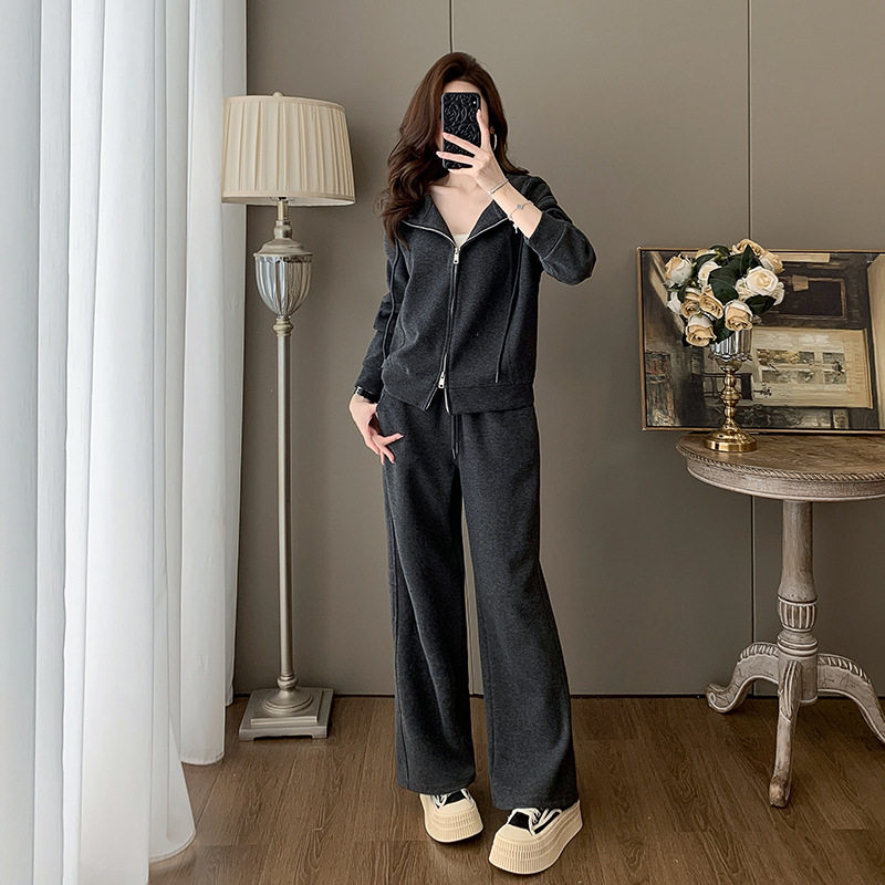 春秋亲肤舒适双拉链连帽卫衣外套高腰垂感休闲长裤气质潮流套装女