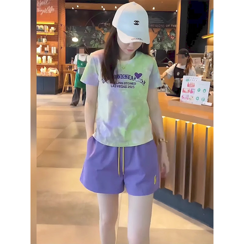 扎染渐变撞色字母印花短袖T恤女