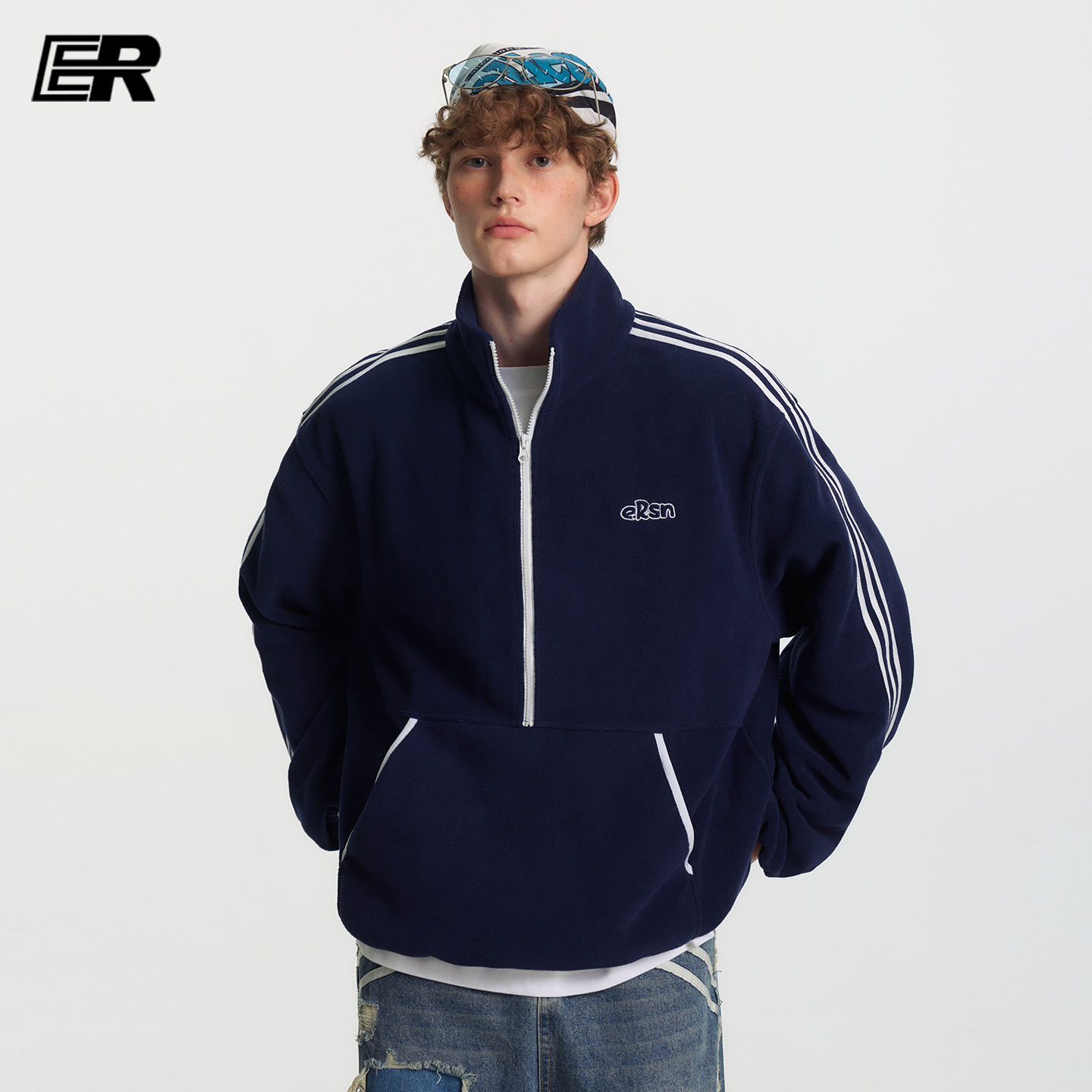 ER三条杠半开衫刺绣立领卫衣男女春秋美式oversize学生运动服外套