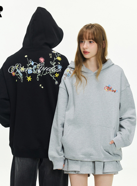 ER重工花卉刺绣连帽卫衣春秋季美式潮牌oversize休闲外套情侣装