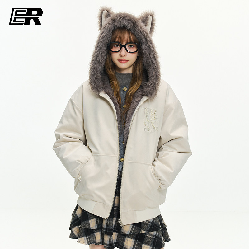 ER兔耳朵座山雕连帽外套2025秋冬珍珠logo毛领夹克美式潮牌男女,男装,夹克,淘宝优惠券,粉丝福利购,淘宝优惠卷