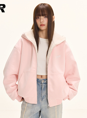 ER双面穿卫衣开衫2025美式潮牌仿羊羔毛外套休闲宽松情侣帽衫