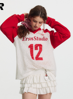 ER蕾丝透视感镂空插肩袖V领长袖t恤女国潮美式运动12号冰球服罩衫