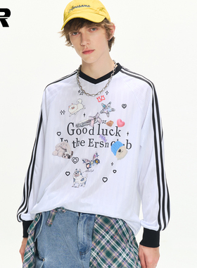 【王玉雯同款】ER撞色条纹长袖V领t恤男女oversize情侣宽松上衣