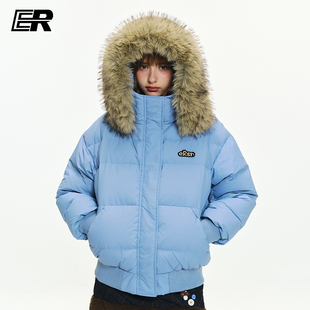 ER刺绣大毛领90白鸭绒连帽羽绒服冬季户外滑雪潮牌防寒保暖外套