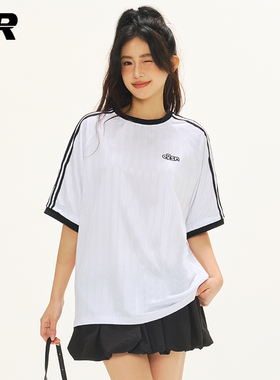 ER三条杠撞色短袖t恤男女2025夏季圆领百搭美式复古上衣情侣装