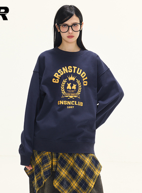 ER国王皇冠美式圆领卫衣2025春季校园休闲潮牌宽松套头情侣装