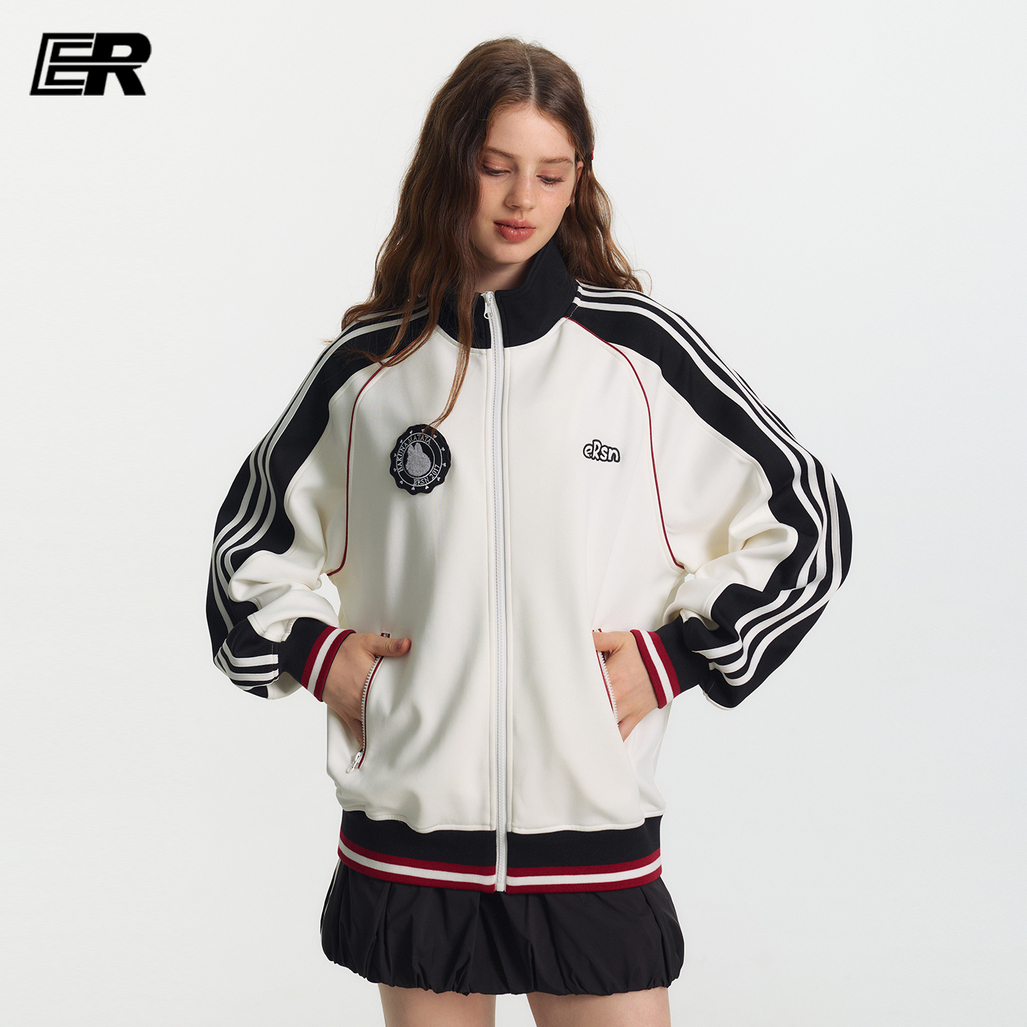 ER撞色条纹插肩袖卫衣男2025春秋美式休闲潮牌情侣立领夹克外套女