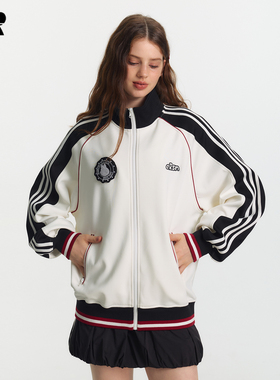 ER撞色条纹插肩袖卫衣男2025春秋美式休闲潮牌情侣立领夹克外套女