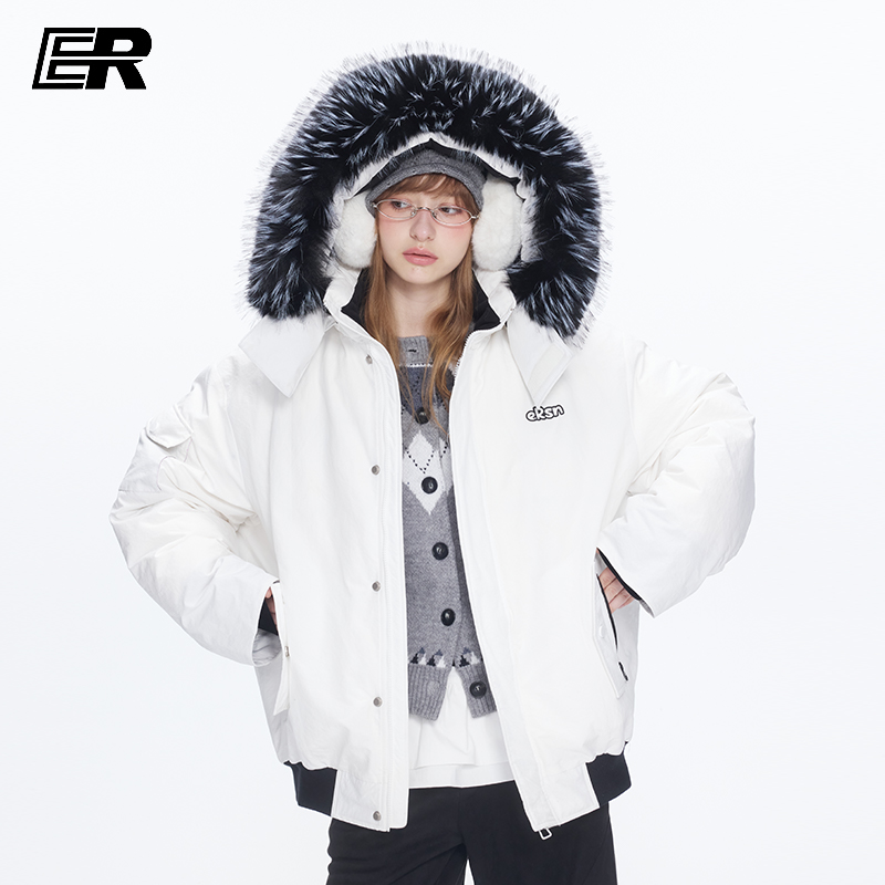 ER国潮工装短款毛领羽绒服冬季加厚保暖防寒立领防风派克服外套