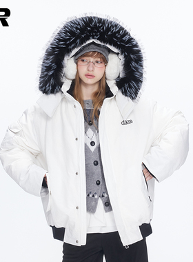 ER国潮工装短款毛领羽绒服冬季加厚保暖防寒立领防风派克服外套