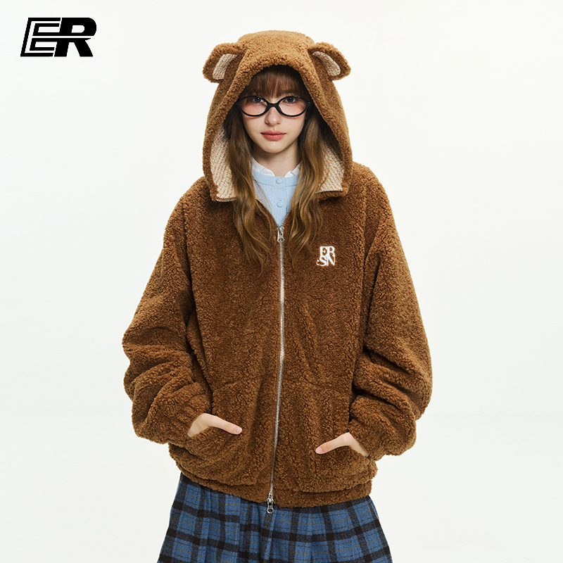 ER小香风可爱小熊耳朵慵懒风仿羊羔毛外套秋冬保暖连帽棉服开衫