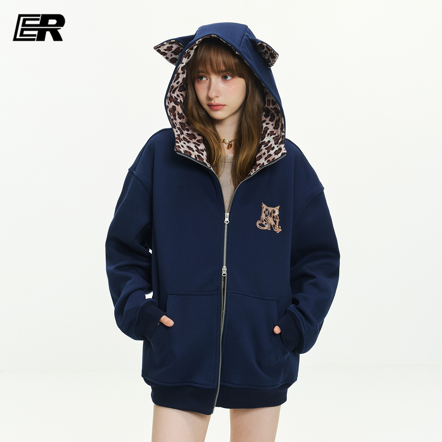 ER豹纹小狗耳朵连帽开衫加绒卫衣男2025秋冬街头风刺绣小高领外套