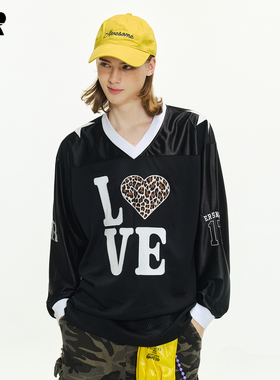 ER豹纹爱心撞色拼接运动风长袖t恤美式复古v领球衣户外休闲上衣