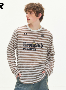 ER斑马条纹微透罩衫男2025夏宽松休闲字母印花长袖圆领轻薄T恤女