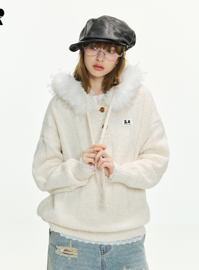 ER大毛领纽扣V领麻花毛衣美式慵懒风软糯连帽针织衫2025秋冬线衣