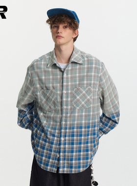 ER格纹渐变撞色长袖衬衫2025春秋学生潮牌情侣装日系复古格子衬衣