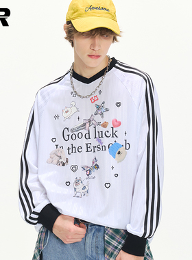 ER萌宠乐园V领长袖t恤男夏季泽西风潮牌美式户外运动情侣上衣球服