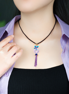 珠花蝶度玉石棉麻女原创手作项链