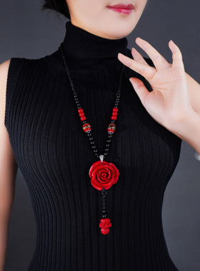 珠花蝶度复古红色玫瑰长款项链