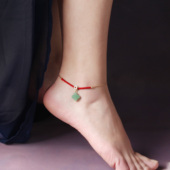 复古东陵玉四叶草脚链女士足链性感红绳24K金脚绳森民族风脚饰品