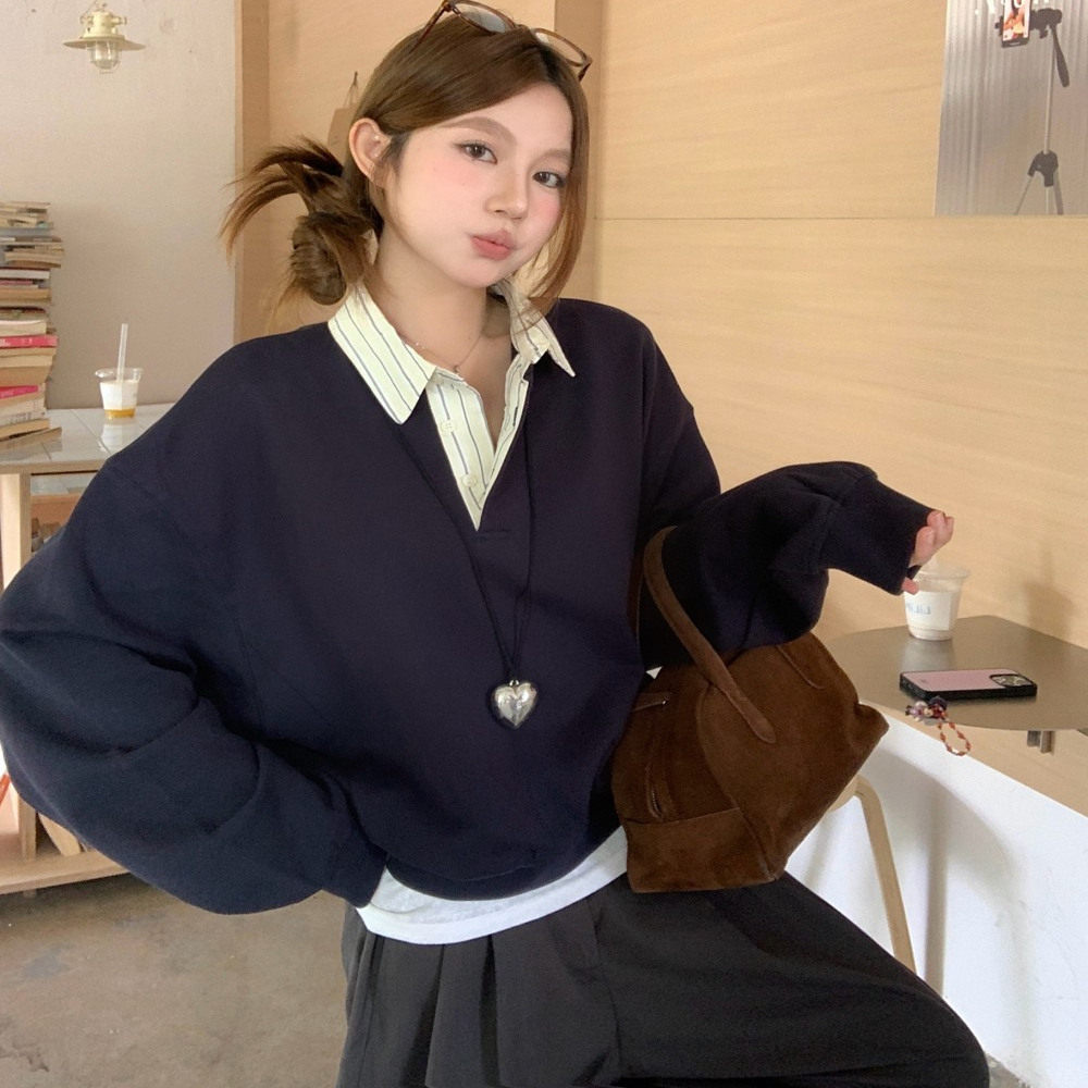 秋季新品学院风假两件衬衫领口宽松套头卫衣女