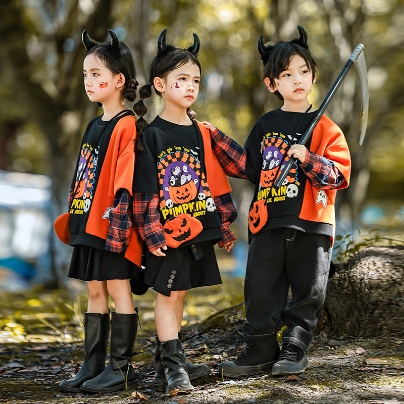 万圣节儿童服装男童幽灵格子骷髅蝙蝠衫女童cos服饰穿搭演出服