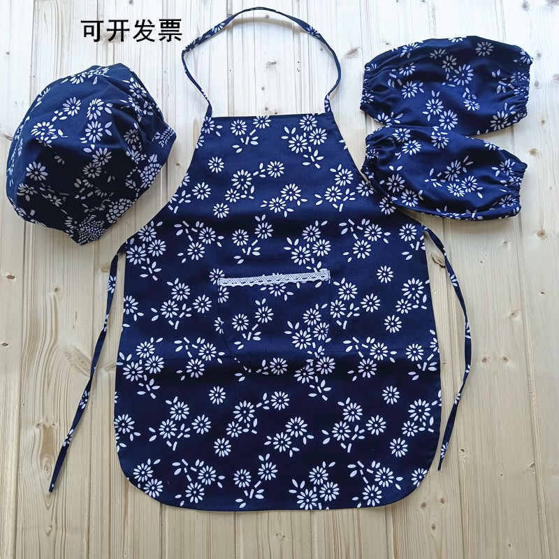 纯棉民族风儿童厨师帽围裙套装蓝花布幼儿园学生厨房烹饪绘画围兜