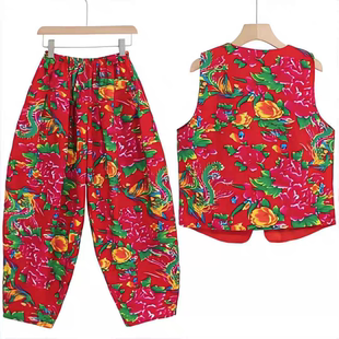 从小卖蒸馍东北大花布马甲灯笼裤套装秧歌广场舞二人转服饰演出服