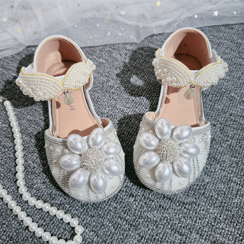 女童凉鞋2025春秋新款包头半凉鞋女孩皮鞋珍珠水钻公主鞋韩版单鞋