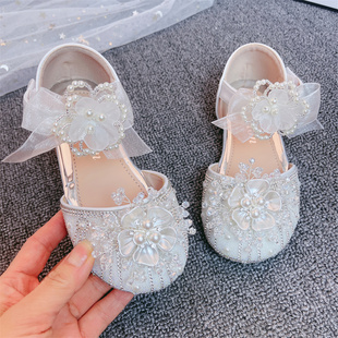 小女孩软底包头平跟鞋 2024新款 夏季 白色 女童公主凉鞋 子儿童水晶鞋