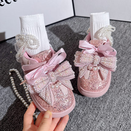粉色蝴蝶结公主鞋女童宝宝透气运动鞋春秋款女宝休闲防滑鞋子新款